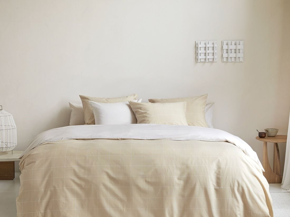 Dekbedovertrek katoen TENCEL™ double face latte check/chambray